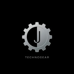J Letter Logo Techno Gear. Silver vector design concept gear shape with letter logo for technology, business