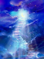 Background of colorful clouds and dreamy steps towards a crescent moon in night sky 