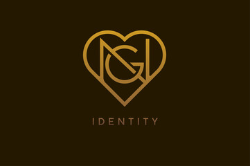 Abstract initials G and N logo, gold colour line style heart and letter combination, usable for brand, card and invitation, logo design template element,vector illustration