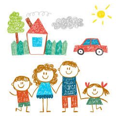 Fototapeta na wymiar Happy family with house. Kids drawing. Kindergarten children illustration. Mother, father, sister, brother. Parents, childhood.