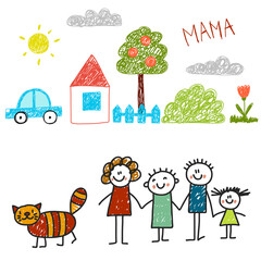 Fototapeta na wymiar Happy family with house. Kids drawing. Kindergarten children illustration. Mother, father, sister, brother. Parents, childhood.