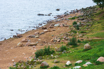 Rocky coast of the Gulf of Finland in Petrodvorets, St. Petersburg