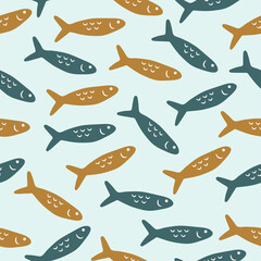 Seamless pattern with hand drawn cute colorful fish on a blue background. Doodle, simple illustration. It can be used for decoration of textile, paper and other surfaces.