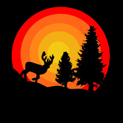 illustrated silhouette of reindeer and christmas tree on moon light .
