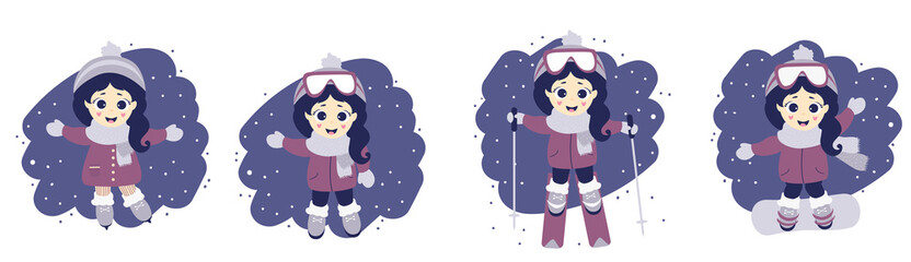 Obraz na płótnie Canvas Set of girl and winter sport. Cute girl in skiing, ice skating and snowboarding on a blue background with snow. Vector illustration. Childrens collection for postcards, design and print. Flat design