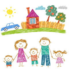 Obraz na płótnie Canvas Happy family with house. Kids drawing. Kindergarten children illustration. Mother, father, sister, brother. Parents, childhood.