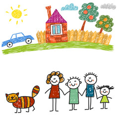 Plakat Happy family with house. Kids drawing. Kindergarten children illustration. Mother, father, sister, brother. Parents, childhood.