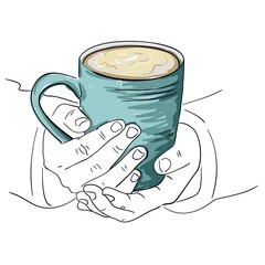 Vector image of a cup in hands. Warm winter illustration depicting a mug of hot tea, cocoa or coffee warming hands during the cold season. Food sketch