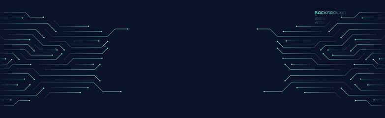 Vector abstract background on the theme of digital technology, future, cyberpunk. Dark blue background with bright blue lines computer elements. Banner template design for web, copyspace.
