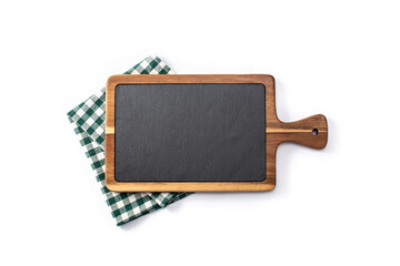 Cutting board mockup and green tablecloth isolated on white background. Top view. Copy space