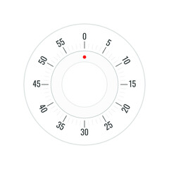 Vector illustration of a kitchen timer, in a minimalistic flat style. Icon design template in white with a round, raised knob, switch for operating time, with a red dot.