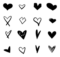 Set of ten outline hand drawn heart icon.Hand drawn doodle grunge heart vector set.Rough marker hearts isolated on white background. vector heart collection.Unique Painted