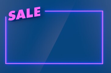 Discount and sale frame with neon frame on blue background