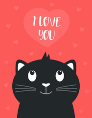 valentines card with cute black cat and heart