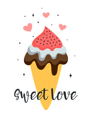 valentines card with cute ice cream, vector illustration