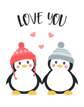 valentines card with cute penguins, vector illustration