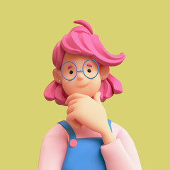 Portrait of cute casual kawaii smiling funny girl in glasses wearing blue apron, white t-shirt, pink hair touches her chin with hand thinking expression. Minimal art style. 3d render on green backdrop
