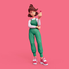 Minimal smiling positive casual brunette girl in glasses wearing green apron, white t-shirt, red sneakers stands makes korean love sign, finger heart gesture. I Love You. 3d render on pink backdrop.