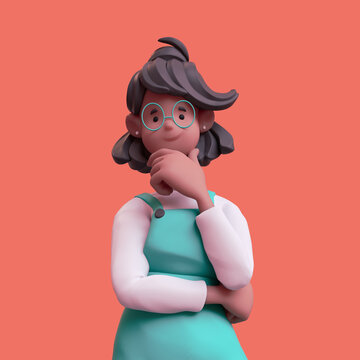 Portrait of cute casual funny black girl in glasses wearing turquoise apron, white t-shirt touches her chin with hand, thinking expression. Minimal art style character. 3d render on orange backdrop
