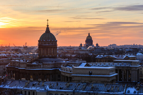View from the top of the City Duma tower in Saint-Petersburg, Russia, Kazan and St Isaac cathedrals