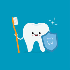 Happy smiling tooth with toothbrush and shield.