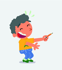 cartoon character of little boy on jeans laughs while pointing to the side with a pencil.