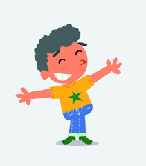 Fototapeta premium cartoon character of little boy on jeans opening arms very happy.