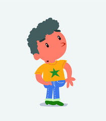 cartoon character of little boy on jeans looks with doubt and somewhat surprised