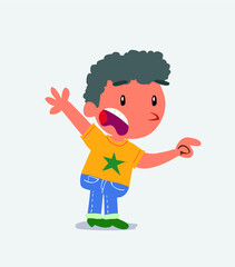 cartoon character of little boy on jeans pointing at something outraged.