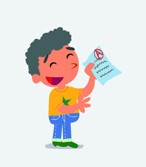 happy cartoon character of little boy on jeans explaining something with exam in hand