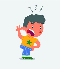 Indigned cartoon character of little boy on jeans vehemently shakes his hand.