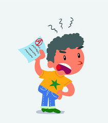  little boy on jeans waving a exam angrily.