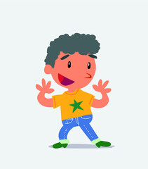 Pleasantly surprised cartoon character of little boy on jeans