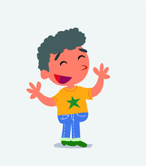 Pleased cartoon character of little boy on jeans explaining something