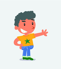 Pleased cartoon character of little boy on jeans points to something