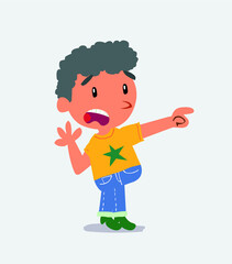 Surprised cartoon character of little boy on jeans pointing at something