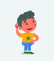 Thoughtful cartoon character of little boy on jeans scratching his head