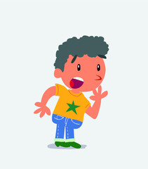 Unpleasantly surprised cartoon character of little boy on jeans looks to the side