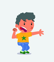 Very angry cartoon character of little boy on jeans pointing at something