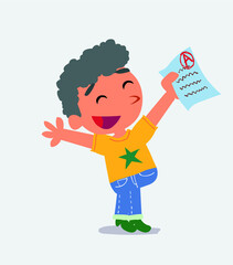 Fototapeta premium very happy cartoon character of little boy on jeans with a exam in hand