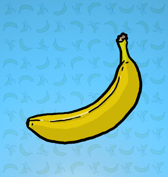 banana on blue gradient background. Hand drawing cartoon style. Banana texture