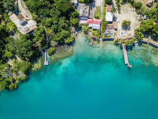 Ariel view of a private beach in Bacalar Mexico. 