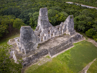 Ariel view of Xpujil pyramid. Mayan archeological site.