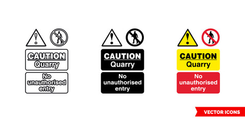 Quarry notice sign caution quarry no unauthorised entry icon of 3 types color, black and white, outline. Isolated vector sign symbol.