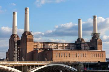 Battersea Power Station in London England UK a coal fired building built in 1935 now decommissioned and being redeveloped on the bank of the River Thames, stock photo image