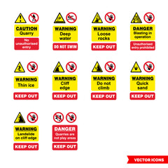 Quarry notice signs icon set of color types. Isolated vector sign symbols. Icon pack.