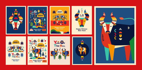 Happy Chinese New Year 2021 vector design. Symbol of 2021 Year of the Bull. 2021 Happy New Year template. Vector illustration with colorful Bull in folk style. Calendar design, brochure, catalog