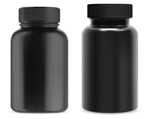 Black supplement bottle. Plastic pill jar mockup. 3d vector vitamin packaging, isolated medical capsule container, glossy template on white background. Cosmetic or prescription product