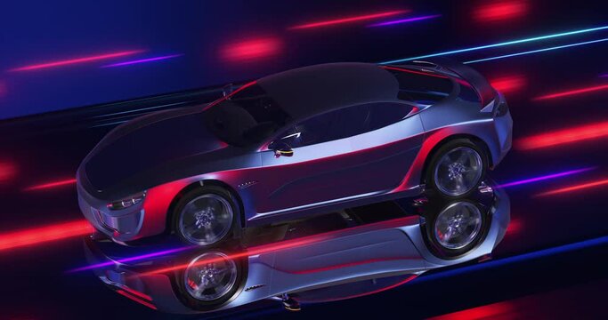 Futuristic Super Performance Car On The Road. Abstract Lights Around. Technology And Industry Related 3D Animation