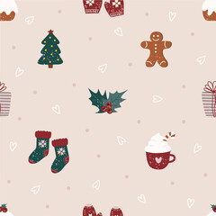 Seamless pattern with colourful doodle Christmas or New Year elements: Christmas tree, holly, gingerbread man, mug with candy cane, knitted socks, mittens